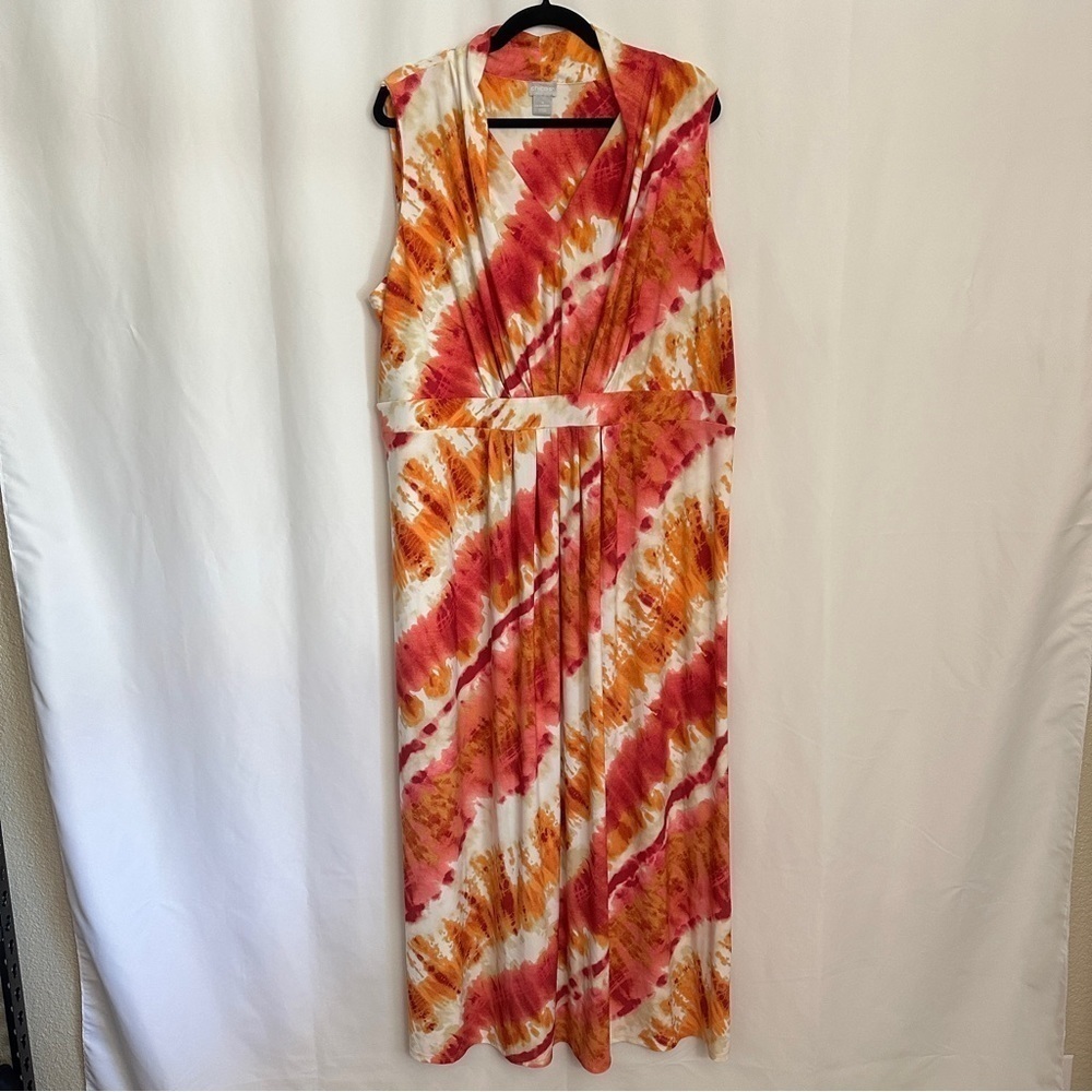 Chico's Women's Plus Size Classic White Red Orange Tie-Dye Maxi Dress sz 20/22